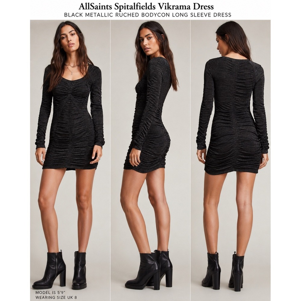 AllSaints Spitalfields Vikrama Dress Black Metallic Ruched Bodycon Mini Size 4